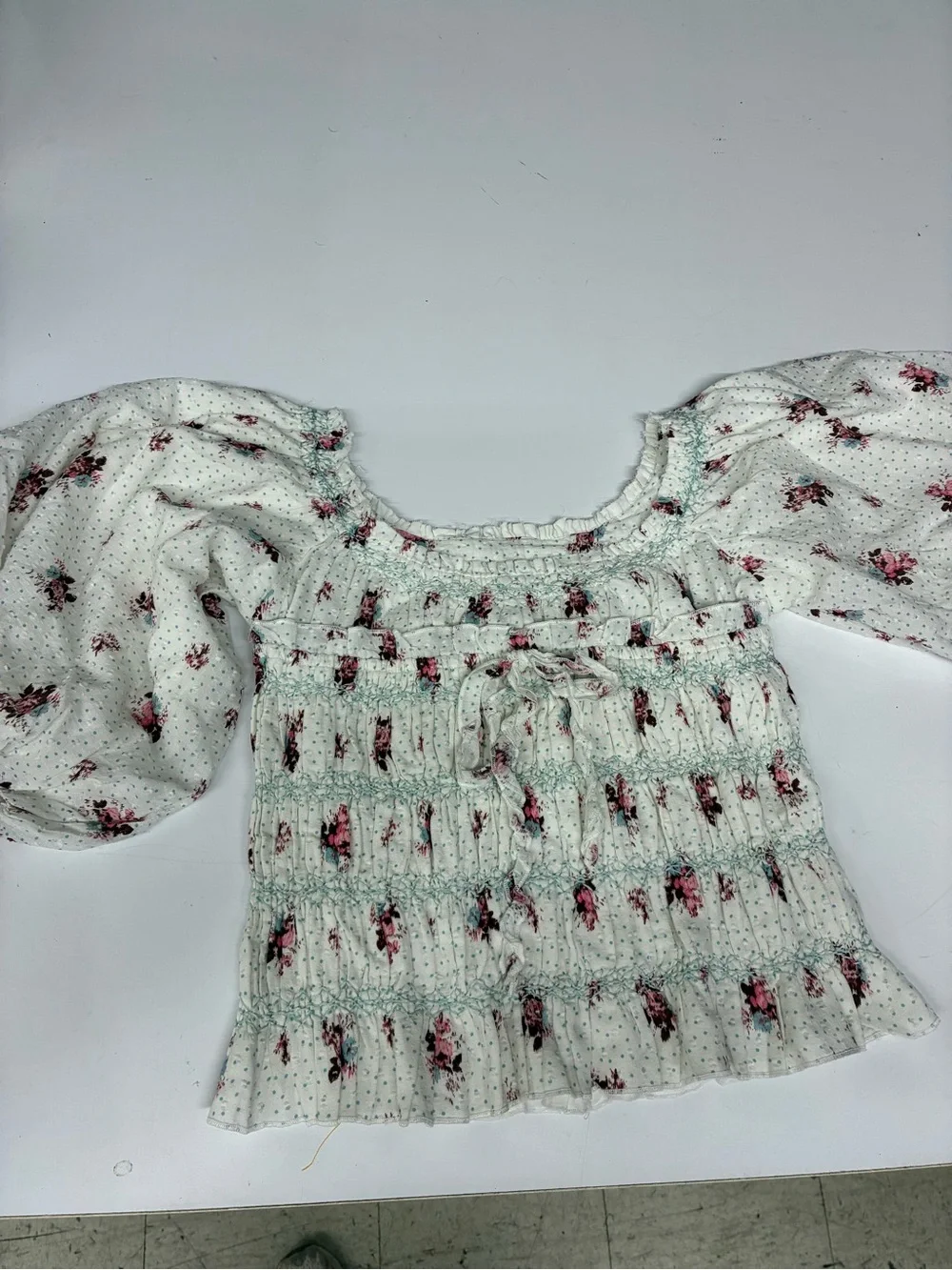 Anthropologie White Floral Smocked Peasant Blouse with Pink Flowers